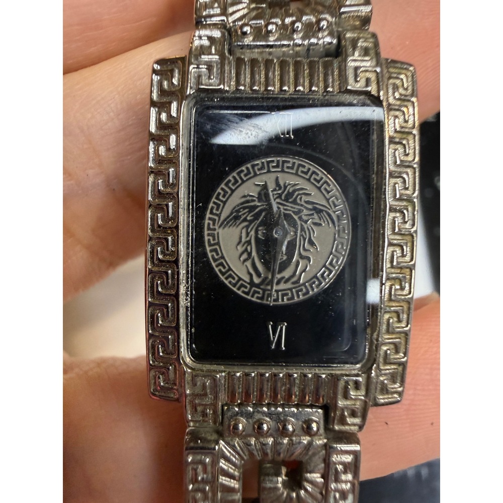 Medusa Head Greek Key Silver Tone Tank Watch Black Dial Roman Numerals